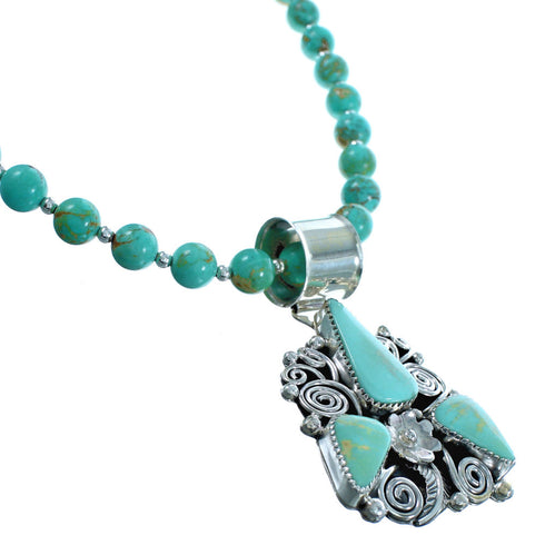 Navajo Turquoise Sterling Silver Bead Necklace And Pendant Set DX117557